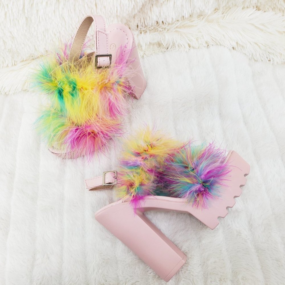 Multi Pink Marabou Feather Chunky Platform High Heel Shoes Top Rate